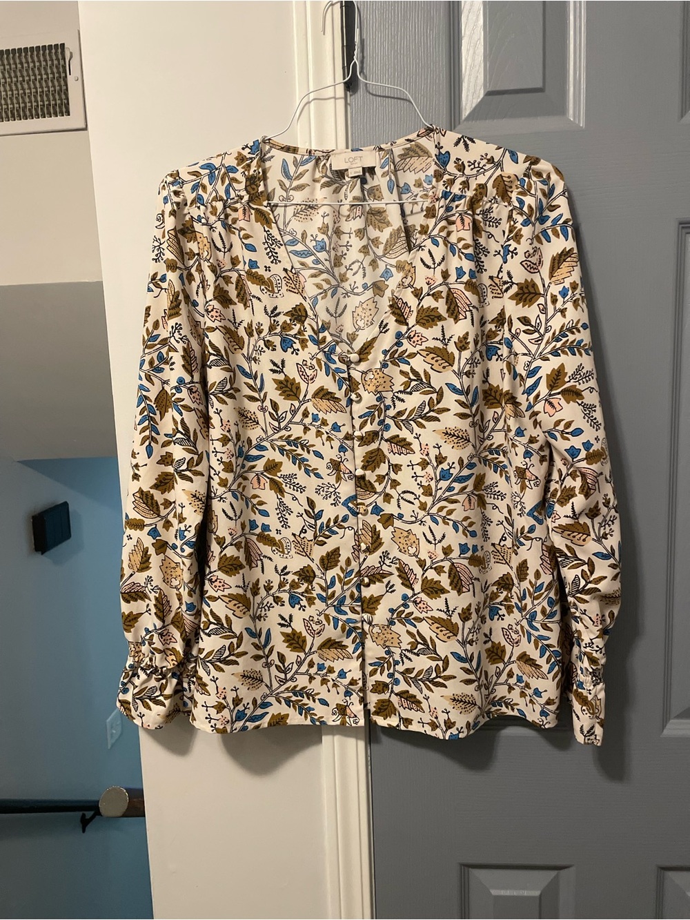 LOFT Cream Floral Button-Front Blouse with Blue and Olive Accents